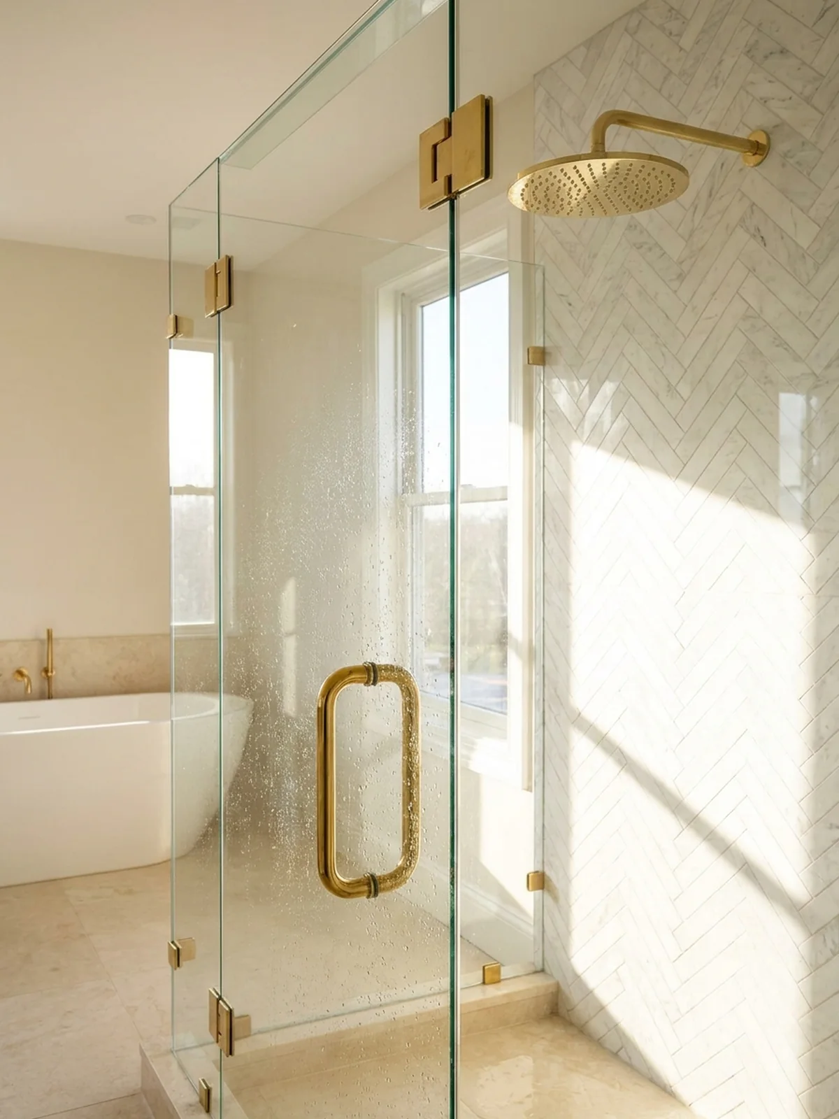 Frameless herringbone shower with brass hardware — 904 Glass