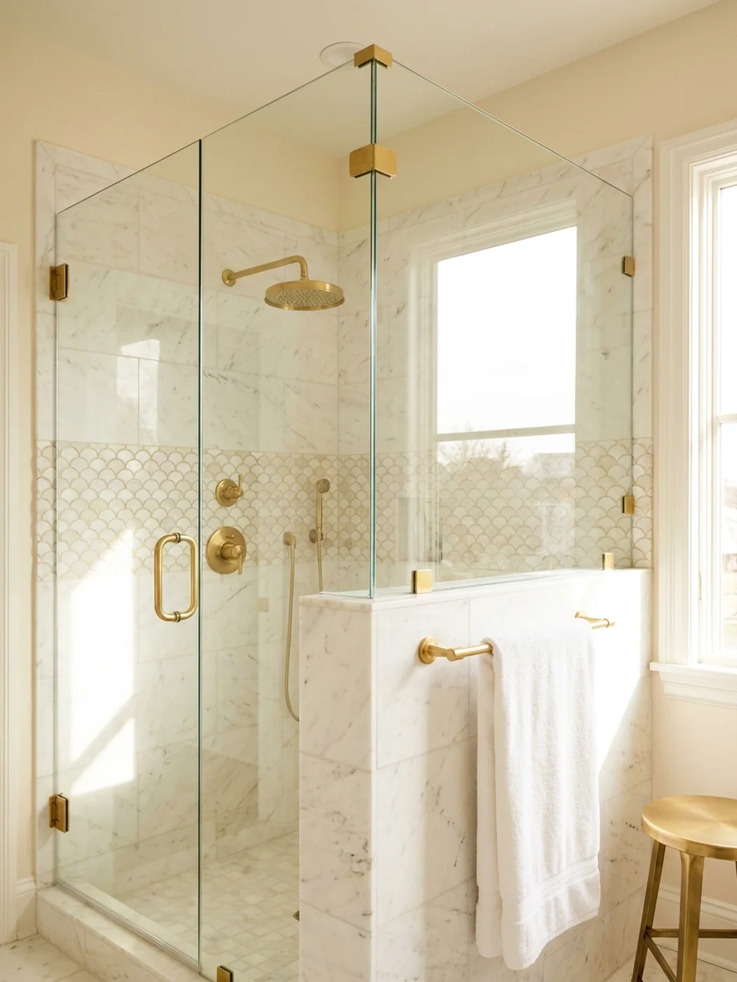 Marble shower with brass hardware and fish-scale tile